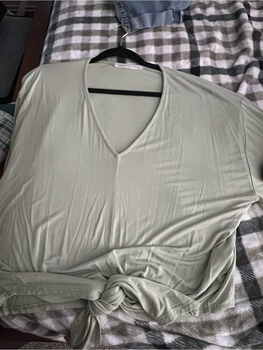 Relaxed V-Neck Tie-Front Blouse in Sage Green